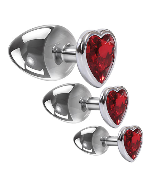 Three Hearts Gem Anal Plug Set, Silver and Red