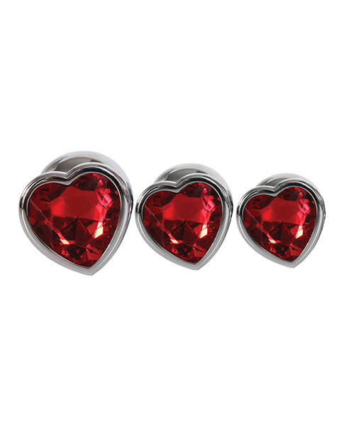 Three Hearts Gem Anal Plug Set, Silver and Red