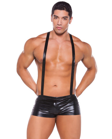 Zeus Wet Look Suspender Shorts (One Size), Black